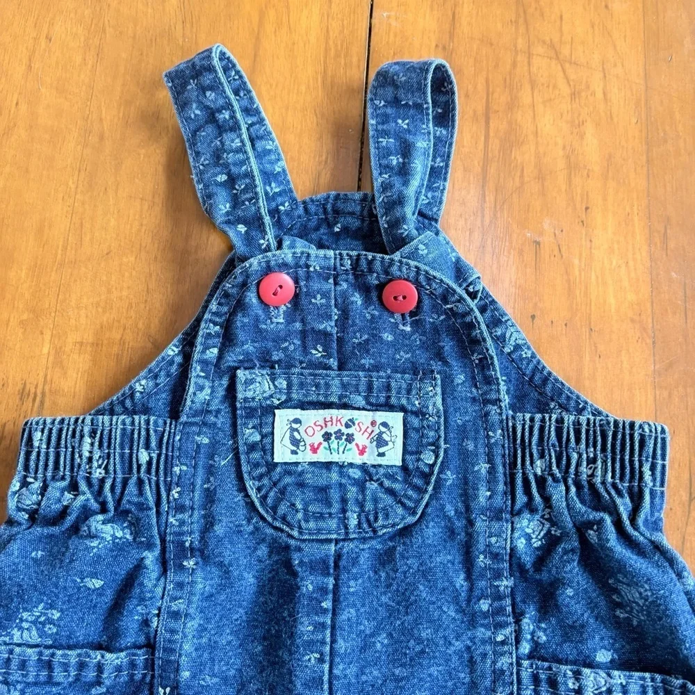 Vintage OshKosh B’Gosh Floral Printed Dark Wash Denim Overalls Size 6M
